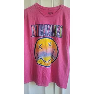 ❤️ Nirvana Acid Wash Smiley Face T-Shirt Size Large Short Sleeve Pink, New